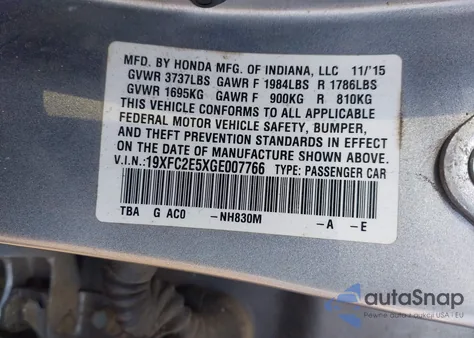 2016 Honda Civic Lx из США, поврежденный, VIN 19XFC2E5XGE007766